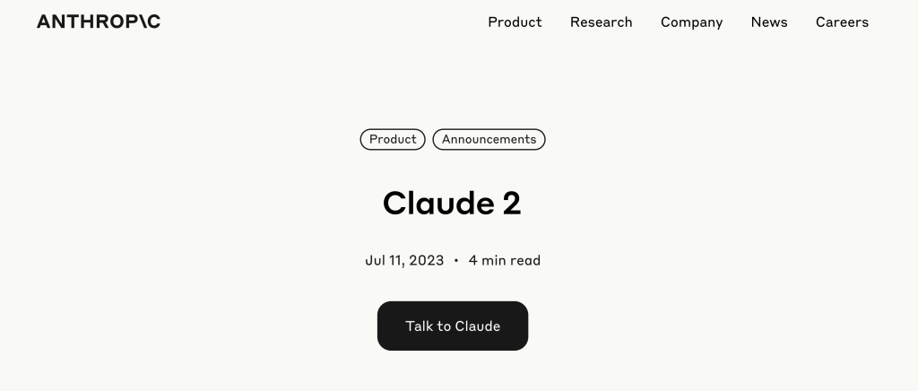 Claude 2 landing page screenshot