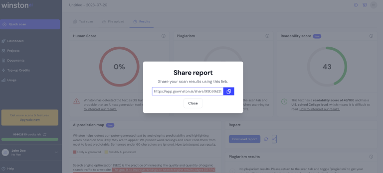 Screenshot of report sharing on Winston AI