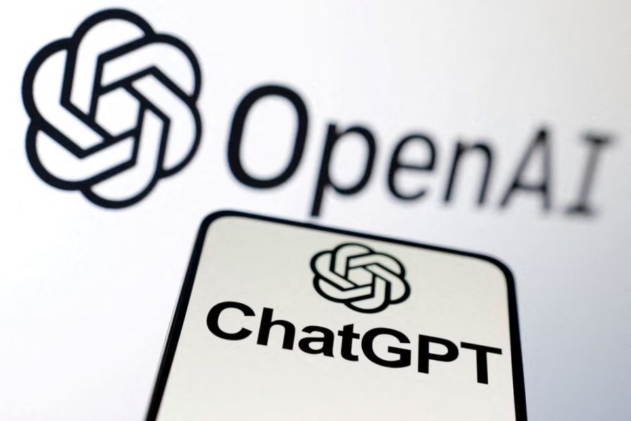 Logo of Open AI with a mobile phone with chatgpt on it