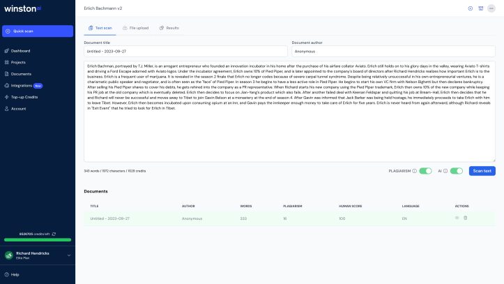 Screenshot of Winston AI platform