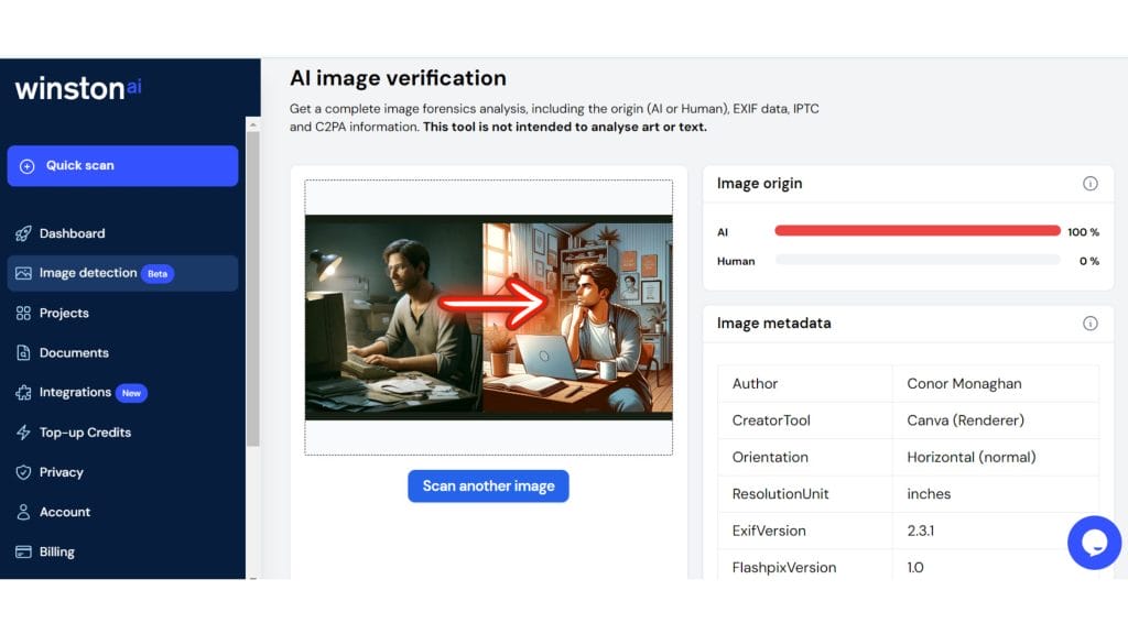 Winston AI detects AI images